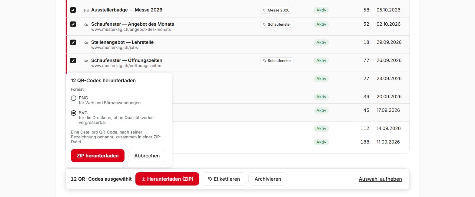 Liste der QR-Codes in QR Suisse mit 12 ausgewählten QR-Codes, der Leiste für Gruppenaktionen und dem Fenster für den ZIP-Download im SVG-Format — Demo-Konto, fiktive Daten.