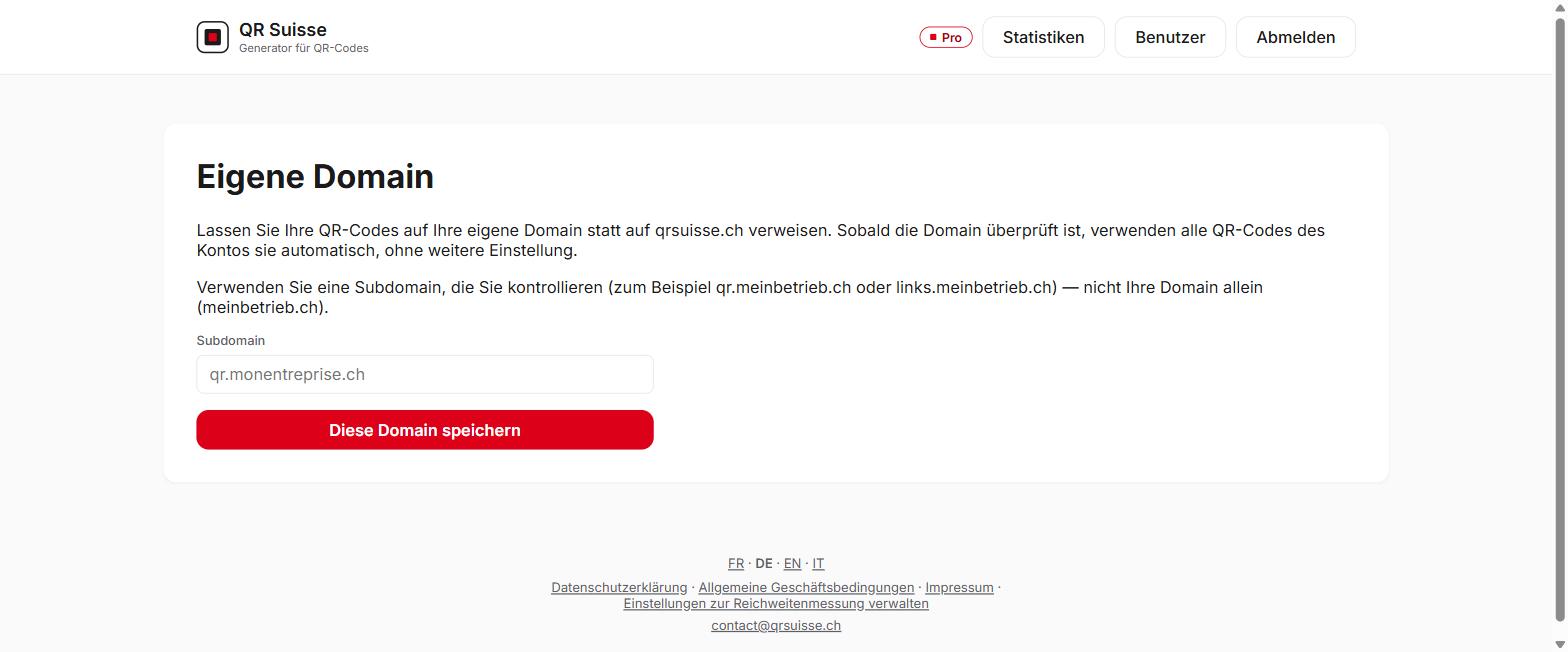 Bildschirm zur Konfiguration der eigenen Domain in QR Suisse — Demo-Konto, fiktive Daten.
