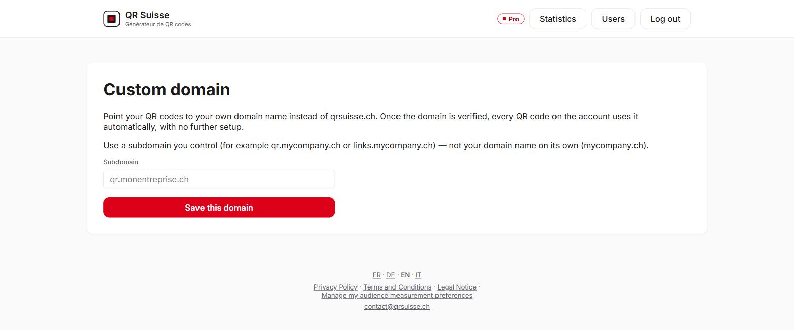 Custom domain setup screen in QR Suisse — demo account, fictitious data.
