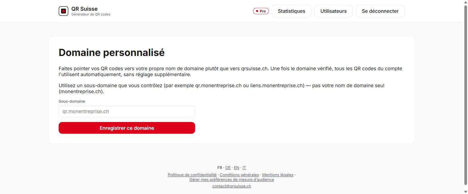 Écran de configuration du domaine personnalisé dans QR Suisse — compte de démonstration, données fictives.