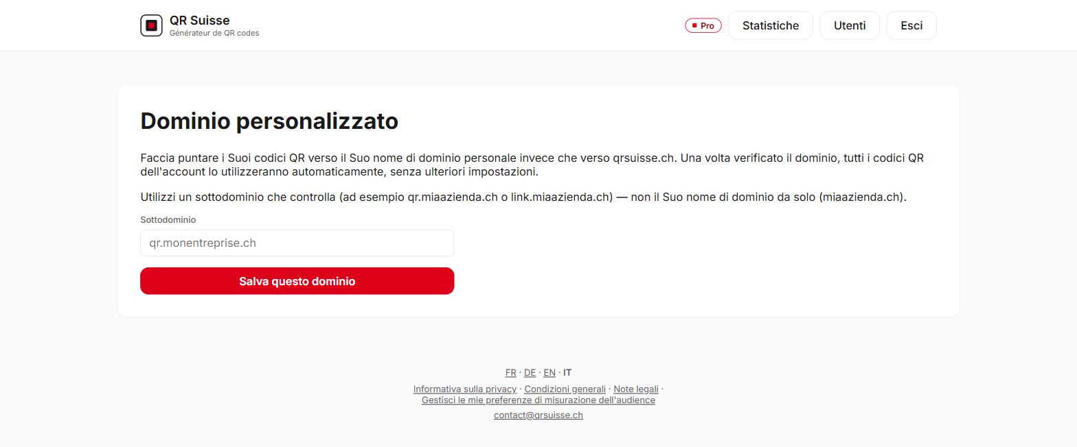 Schermata di configurazione del dominio personalizzato in QR Suisse — account dimostrativo, dati fittizi.