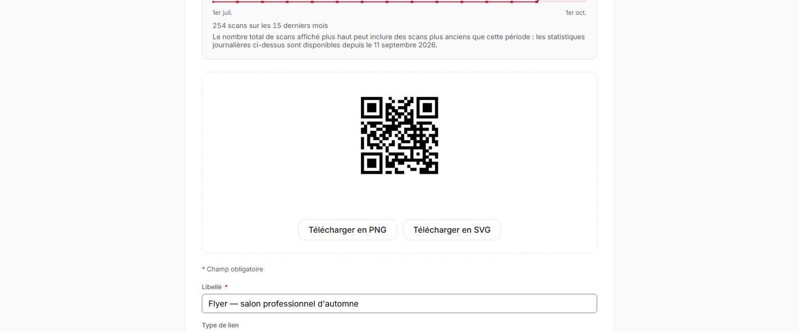Page d'un QR code dans QR Suisse, avec son image et les boutons Télécharger en PNG et Télécharger en SVG — compte de démonstration, données fictives.