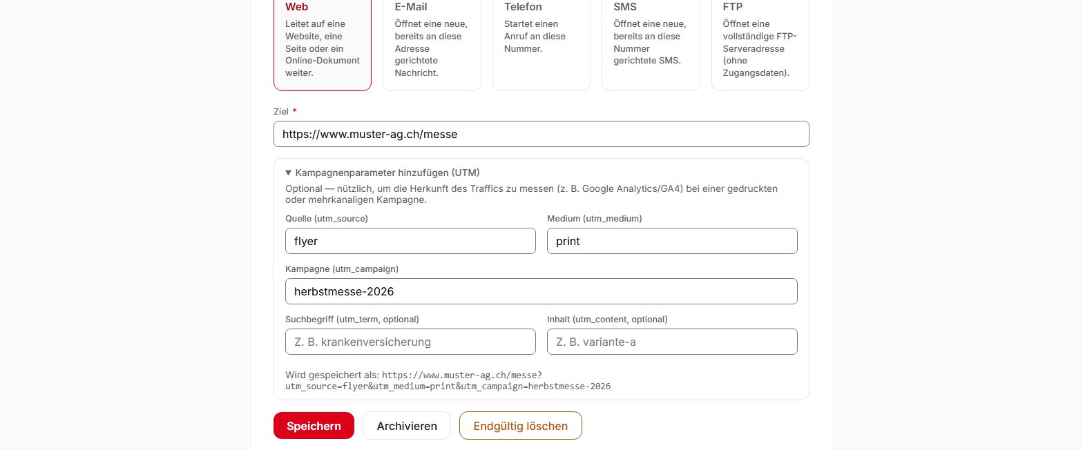 Formular eines Web-QR-Codes in QR Suisse, mit geöffnetem Bereich für Kampagnenparameter (UTM) und angezeigter vollständiger Adresse — Demo-Konto, fiktive Daten.