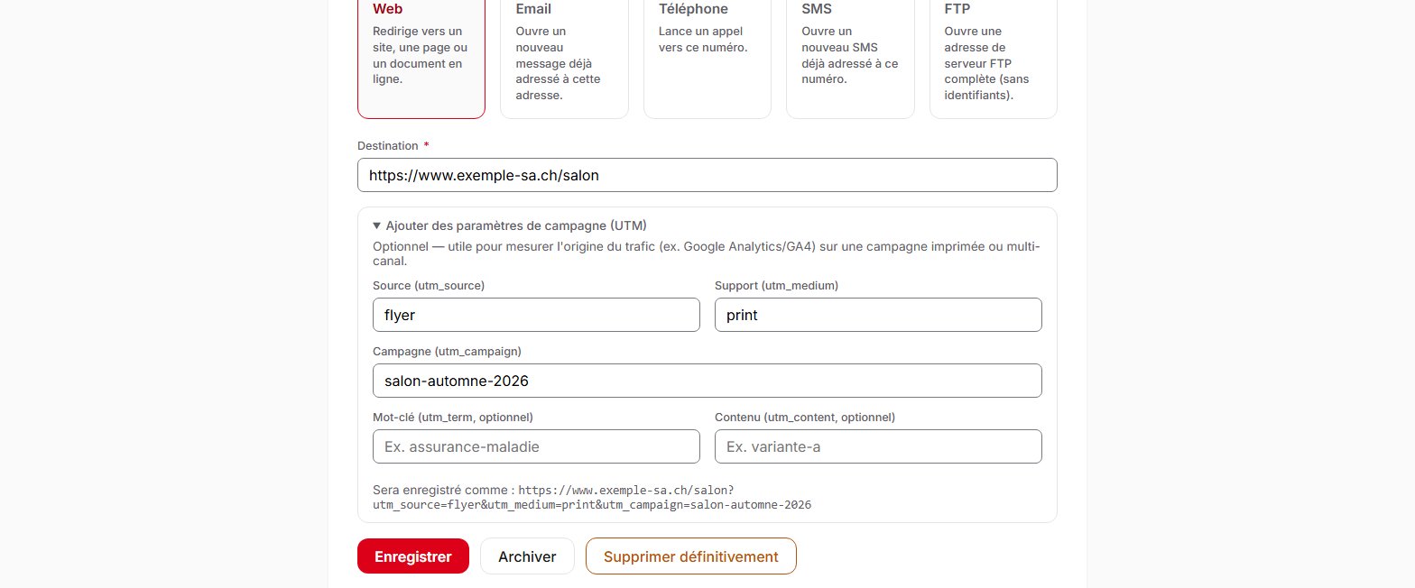 Formulaire d'un QR code Web dans QR Suisse, avec la section des paramètres de campagne (UTM) ouverte et l'adresse complète affichée — compte de démonstration, données fictives.