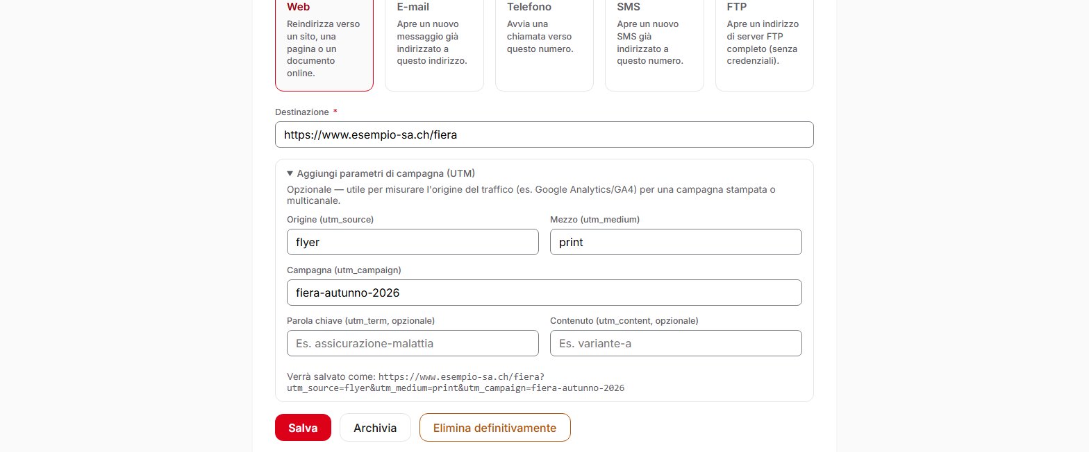Modulo di un codice QR Web in QR Suisse, con la sezione dei parametri di campagna (UTM) aperta e l'indirizzo completo visualizzato — account dimostrativo, dati fittizi.