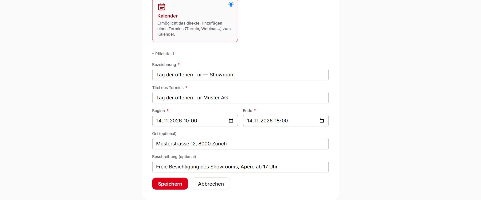 Formular zur Erstellung eines Kalender-QR-Codes in QR Suisse: Titel, Beginn, Ende, Ort und Beschreibung des Termins — Demo-Konto, fiktive Daten.