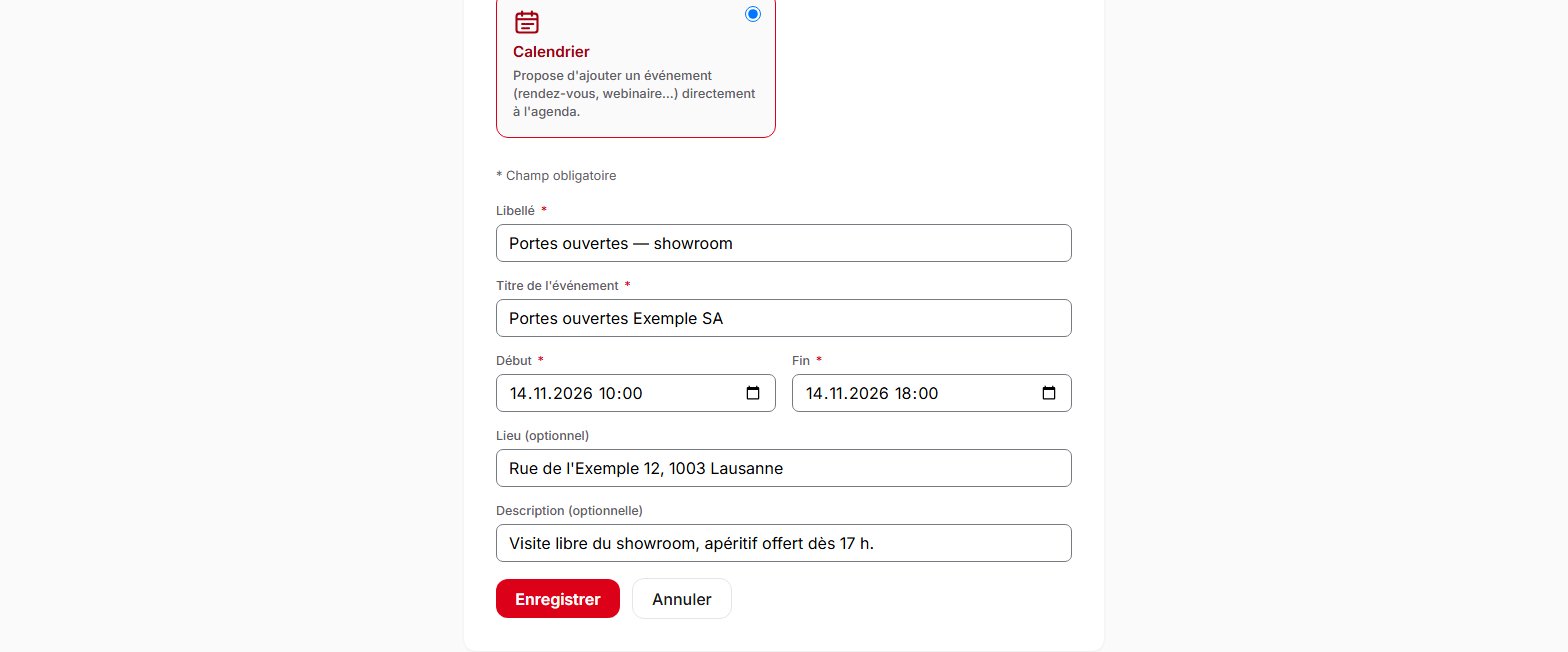 Formulaire de création d'un QR code Calendrier dans QR Suisse : titre, début, fin, lieu et description de l'événement — compte de démonstration, données fictives.