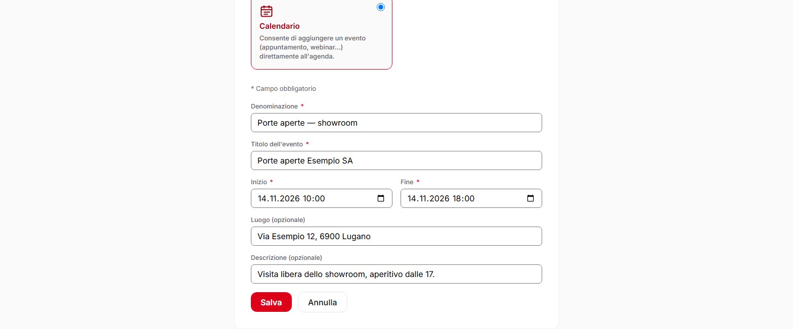 Modulo di creazione di un codice QR Calendario in QR Suisse: titolo, inizio, fine, luogo e descrizione dell'evento — account dimostrativo, dati fittizi.