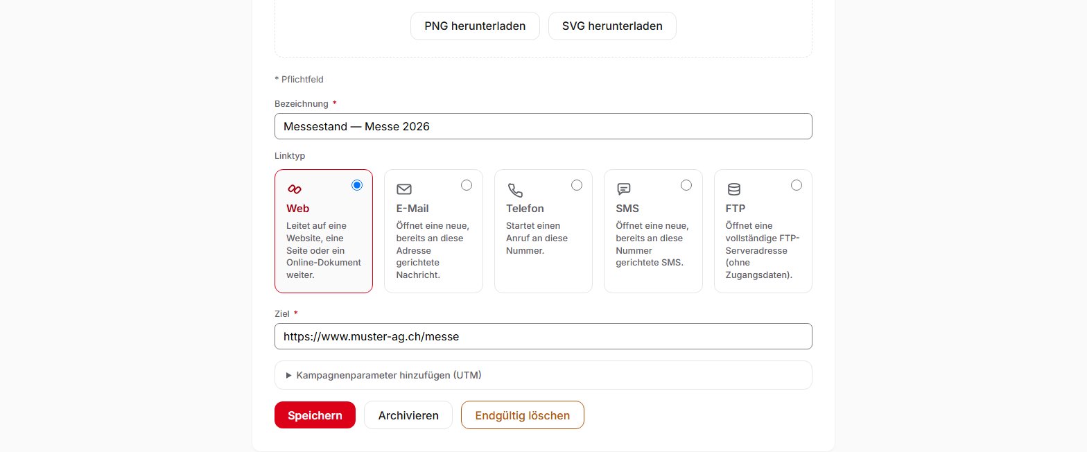 Seite eines QR-Codes in QR Suisse, mit seinem Bearbeitungsformular und den Schaltflächen «Speichern» und «Archivieren» — Demo-Konto, fiktive Daten.