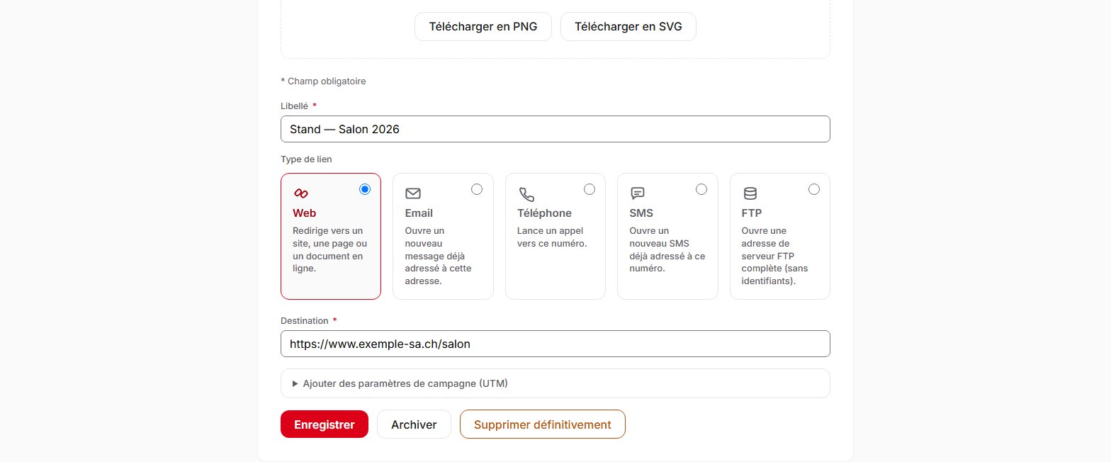 Page d'un QR code dans QR Suisse, avec son formulaire de modification et les boutons Enregistrer et Archiver — compte de démonstration, données fictives.