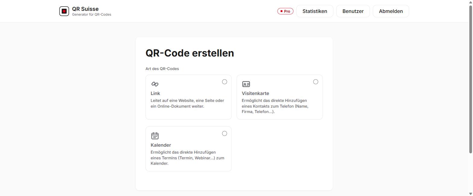Bildschirm zur Erstellung eines QR-Codes in QR Suisse, mit der Auswahl des QR-Typs (Link, Visitenkarte, Kalender) — Demo-Konto, fiktive Daten.
