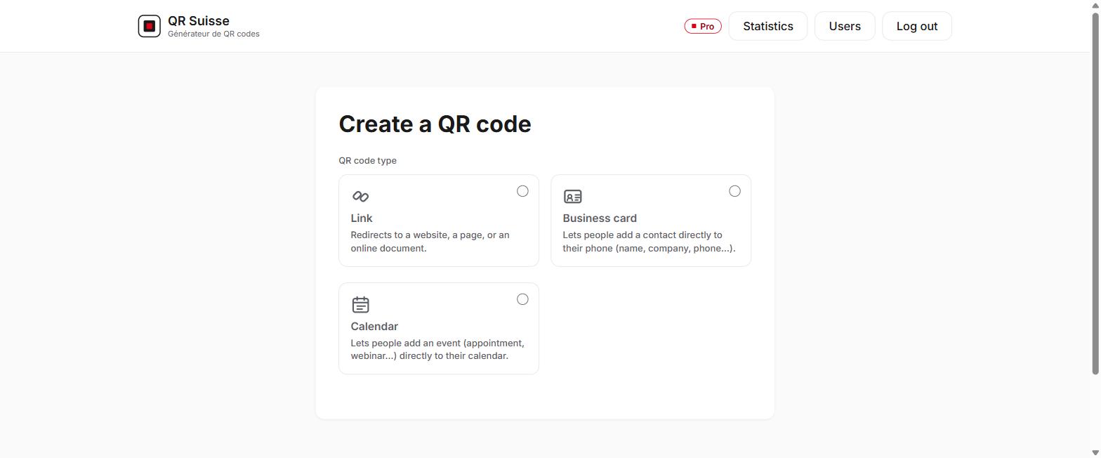 QR code creation screen in QR Suisse, showing the QR type picker (Link, Business Card, Calendar) — demo account, fictitious data.