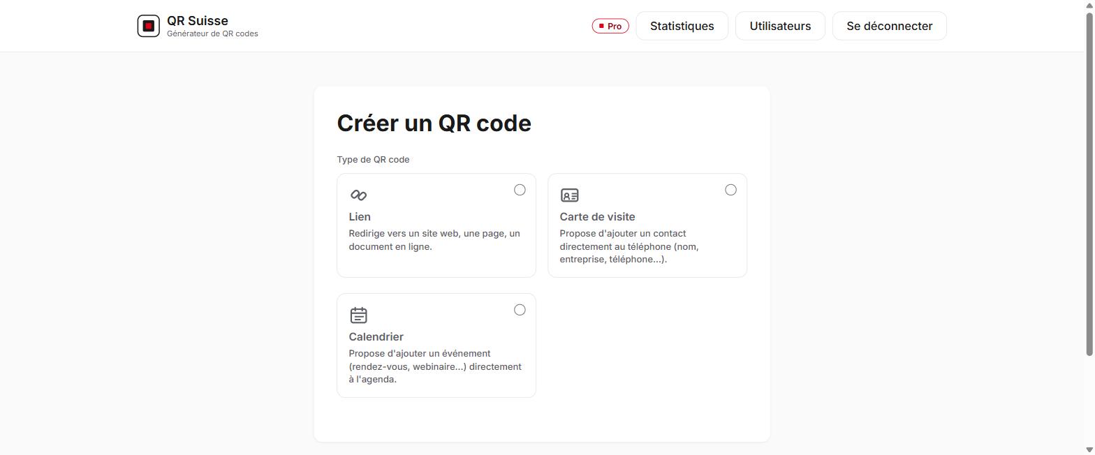 Écran de création d'un QR code dans QR Suisse, illustrant le choix du type de QR (Lien, carte de visite, calendrier) — compte de démonstration, données fictives.