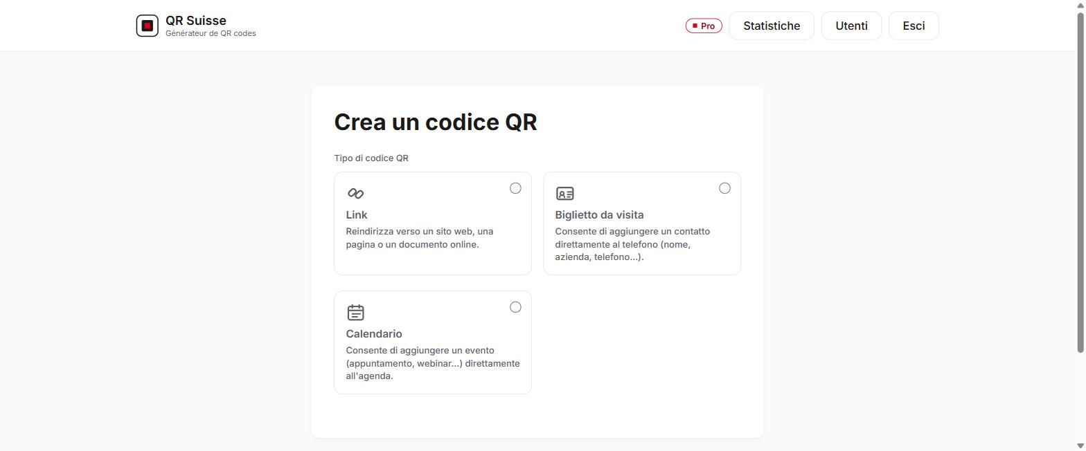 Schermata di creazione di un codice QR in QR Suisse, con la scelta del tipo di QR (Link, Biglietto da visita, Calendario) — account dimostrativo, dati fittizi.
