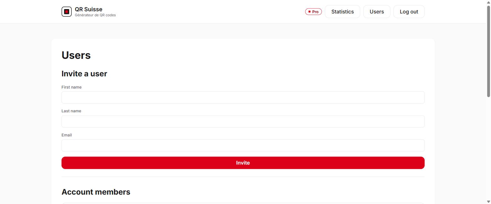 User management screen in QR Suisse, showing the invitation form and the list of account members — demo account, fictitious data.